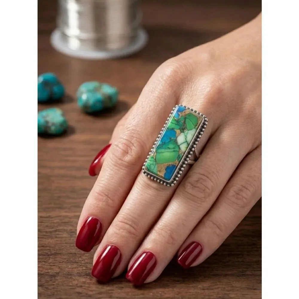 Peacock Dahlia Turquoise Statement Ring Artisan Silver Mosaic Rectangle Ring 7